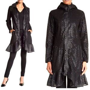 ZAC POSEN Women's Black Hooded Perforated Trench Coat Zip Front size L